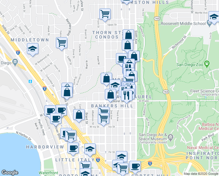 map of restaurants, bars, coffee shops, grocery stores, and more near 2642 Second Avenue in San Diego
