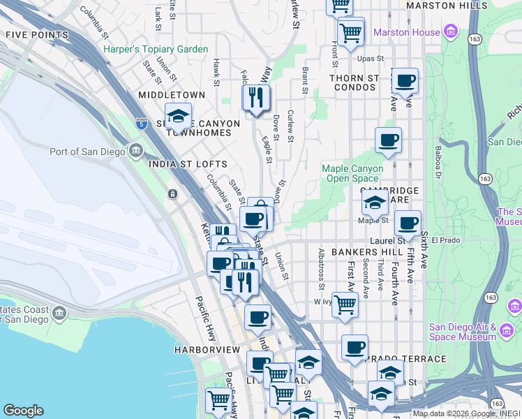 map of restaurants, bars, coffee shops, grocery stores, and more near 2687 Reynard Way in San Diego