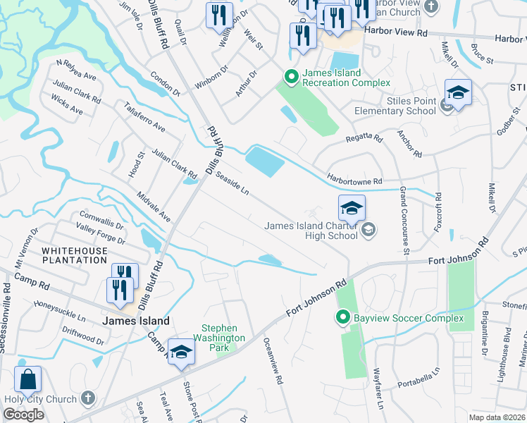 map of restaurants, bars, coffee shops, grocery stores, and more near 1106 Greenhill Road in Charleston