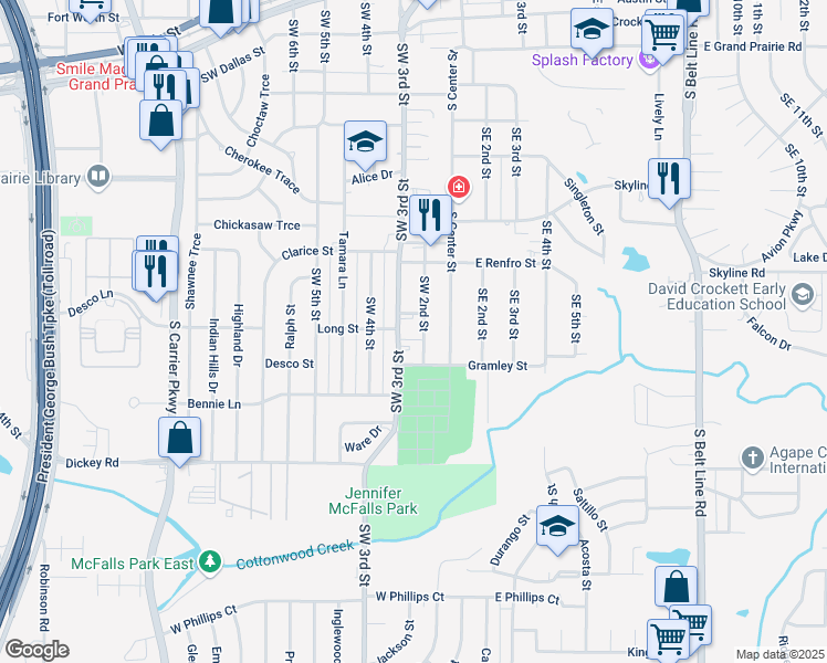 map of restaurants, bars, coffee shops, grocery stores, and more near 1005 Southwest 3rd Street in Grand Prairie