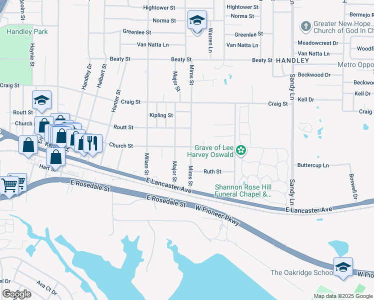 map of restaurants, bars, coffee shops, grocery stores, and more near 3100 Mims Street in Fort Worth