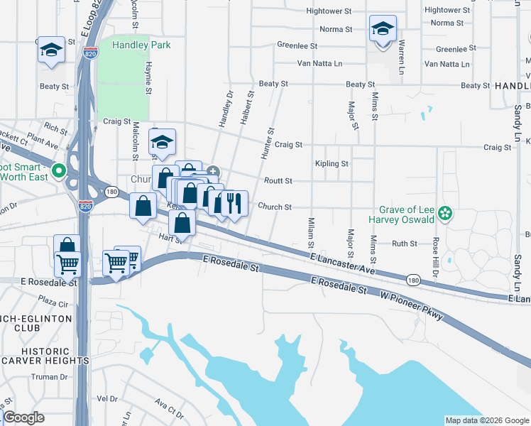 map of restaurants, bars, coffee shops, grocery stores, and more near 3100 Chilton Street in Fort Worth