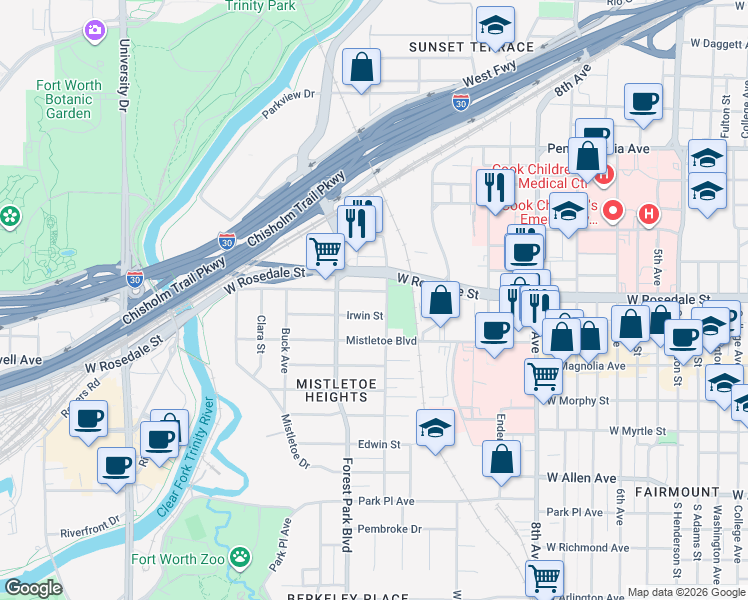 map of restaurants, bars, coffee shops, grocery stores, and more near in Fort Worth