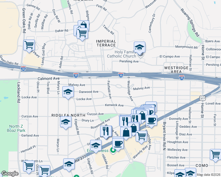 map of restaurants, bars, coffee shops, grocery stores, and more near 2908 Fairfield Avenue in Fort Worth