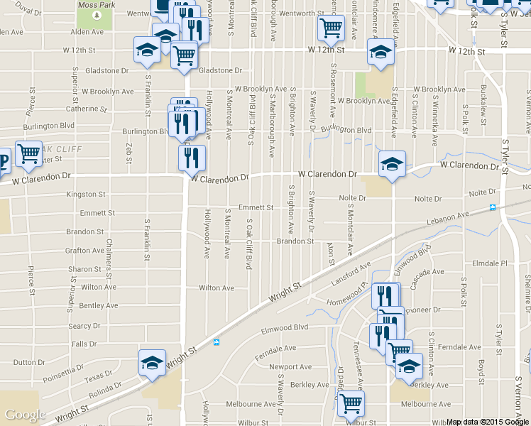 map of restaurants, bars, coffee shops, grocery stores, and more near 1207 South Marlborough Avenue in Dallas