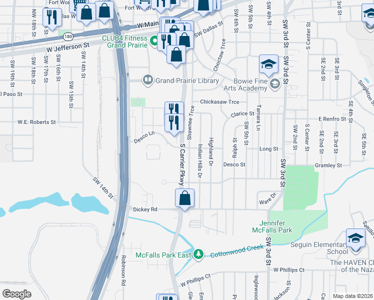 map of restaurants, bars, coffee shops, grocery stores, and more near 1002 Shawnee Trce in Grand Prairie