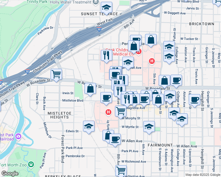 map of restaurants, bars, coffee shops, grocery stores, and more near 1699 West Rosedale Street in Fort Worth