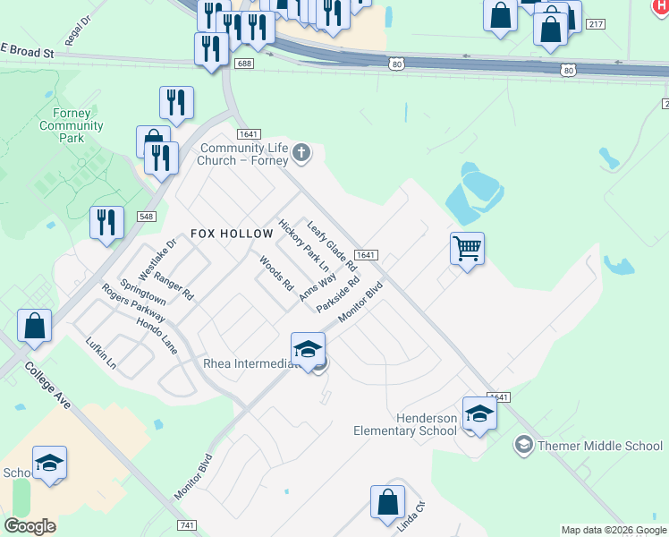 map of restaurants, bars, coffee shops, grocery stores, and more near 1151 Hickory Park Lane in Forney