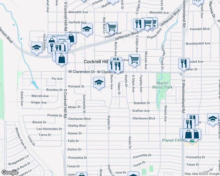 map of restaurants, bars, coffee shops, grocery stores, and more near 1201 Burns Avenue in Dallas