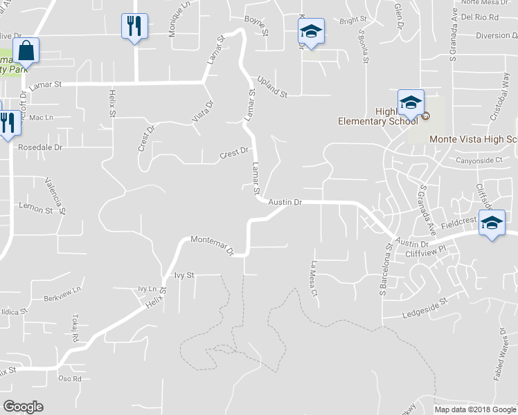 map of restaurants, bars, coffee shops, grocery stores, and more near 9703 Austin Drive in Spring Valley