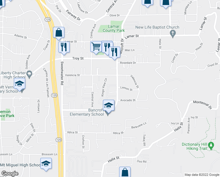 map of restaurants, bars, coffee shops, grocery stores, and more near 8941 Arlingdale Way in Spring Valley