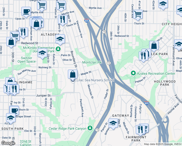map of restaurants, bars, coffee shops, grocery stores, and more near 2546 Vancouver Avenue in San Diego