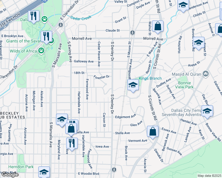map of restaurants, bars, coffee shops, grocery stores, and more near 1200 Renner Drive in Dallas