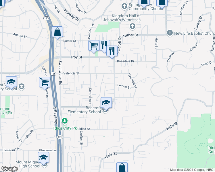 map of restaurants, bars, coffee shops, grocery stores, and more near 8973 Arlingdale Way in Spring Valley