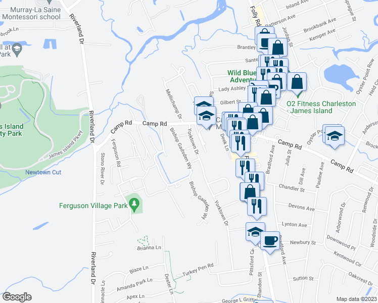 map of restaurants, bars, coffee shops, grocery stores, and more near 1853 Saxony Drive in Charleston