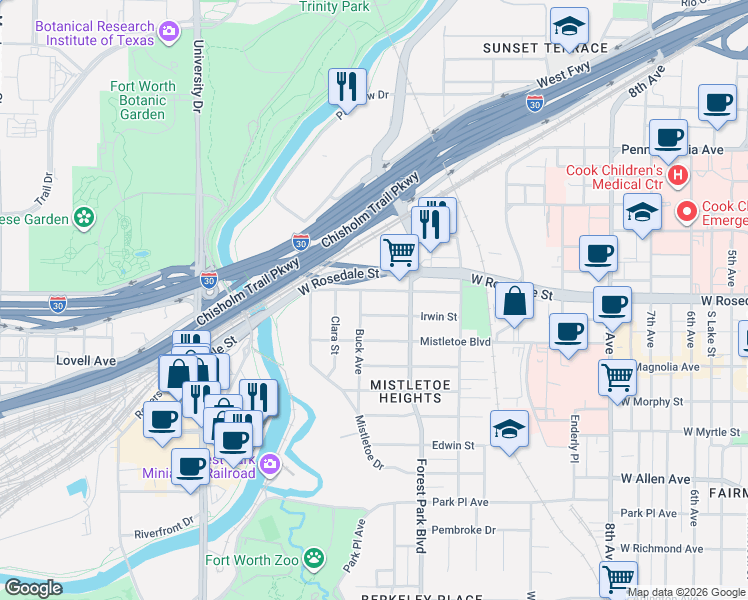 map of restaurants, bars, coffee shops, grocery stores, and more near 2335 West Rosedale Street South in Fort Worth