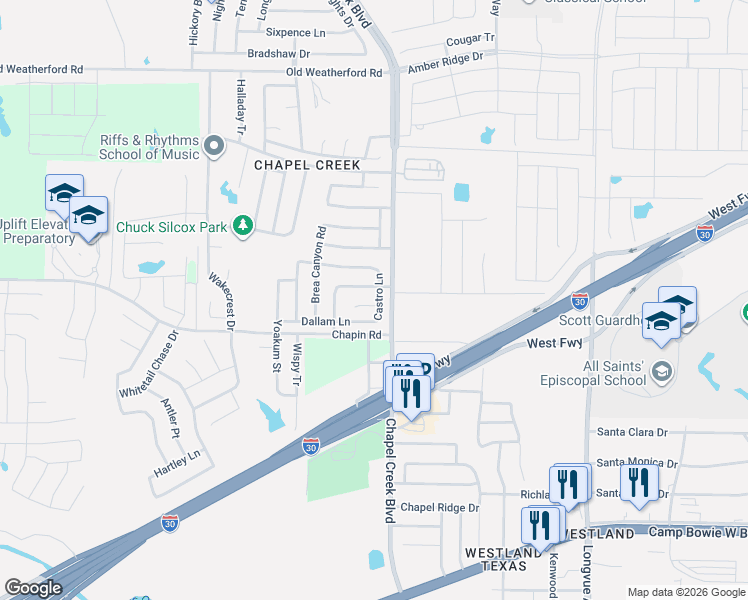 map of restaurants, bars, coffee shops, grocery stores, and more near 10200 Scurry Court in Fort Worth