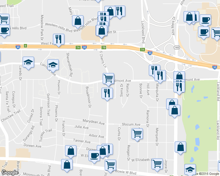 map of restaurants, bars, coffee shops, grocery stores, and more near 2815 S Cherry Ln in Fort Worth