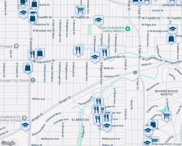 map of restaurants, bars, coffee shops, grocery stores, and more near 1220 South Montclair Avenue in Dallas