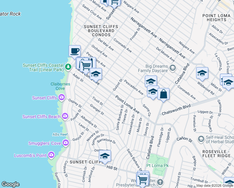 map of restaurants, bars, coffee shops, grocery stores, and more near 4466 Point Loma Avenue in San Diego