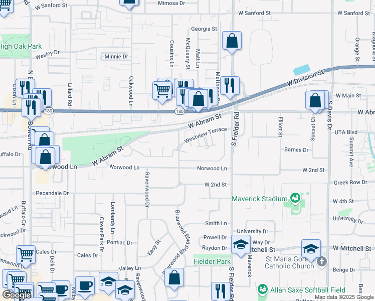 map of restaurants, bars, coffee shops, grocery stores, and more near 434 Westview Terrace in Arlington