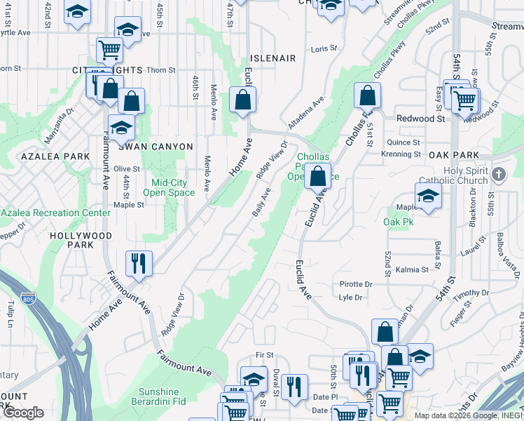 map of restaurants, bars, coffee shops, grocery stores, and more near 4752 Nutmeg Street in San Diego