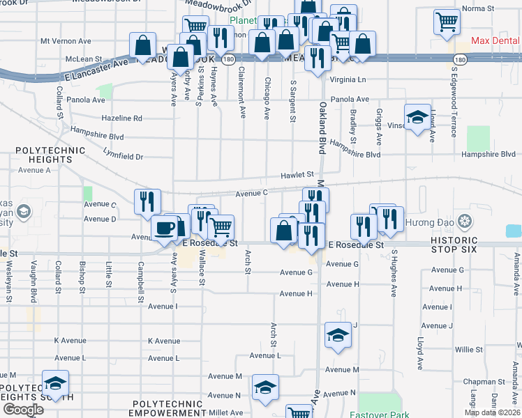 map of restaurants, bars, coffee shops, grocery stores, and more near 1016 Chicago Avenue in Fort Worth