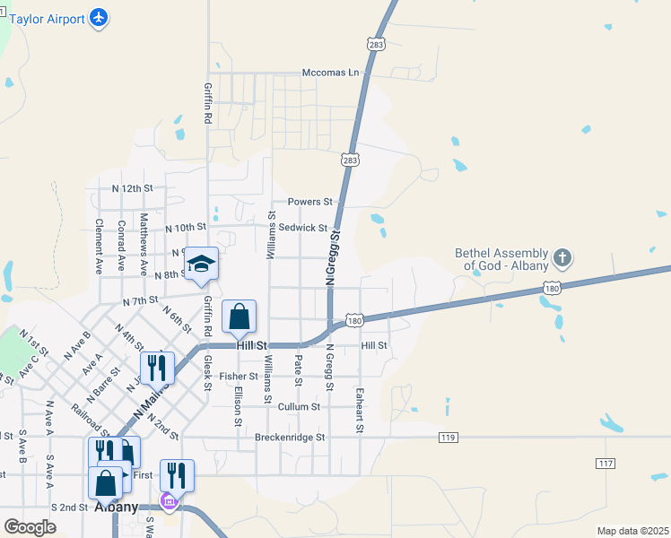 map of restaurants, bars, coffee shops, grocery stores, and more near 841 North Gregg Street in Albany