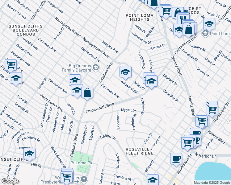 map of restaurants, bars, coffee shops, grocery stores, and more near 3872 Coronado Avenue in San Diego