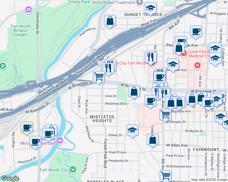 map of restaurants, bars, coffee shops, grocery stores, and more near in Fort Worth