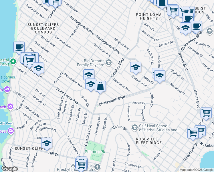 map of restaurants, bars, coffee shops, grocery stores, and more near 1591 Catalina Boulevard in San Diego