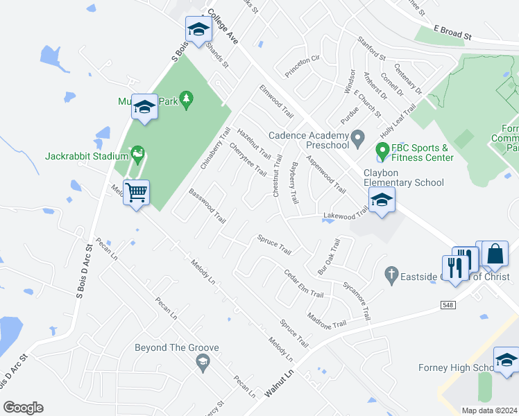 map of restaurants, bars, coffee shops, grocery stores, and more near 118 Ashbrook Trail in Forney
