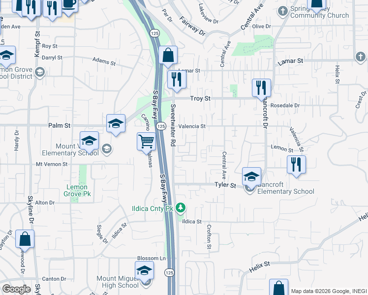 map of restaurants, bars, coffee shops, grocery stores, and more near 2515 Sweetwater Road in Spring Valley
