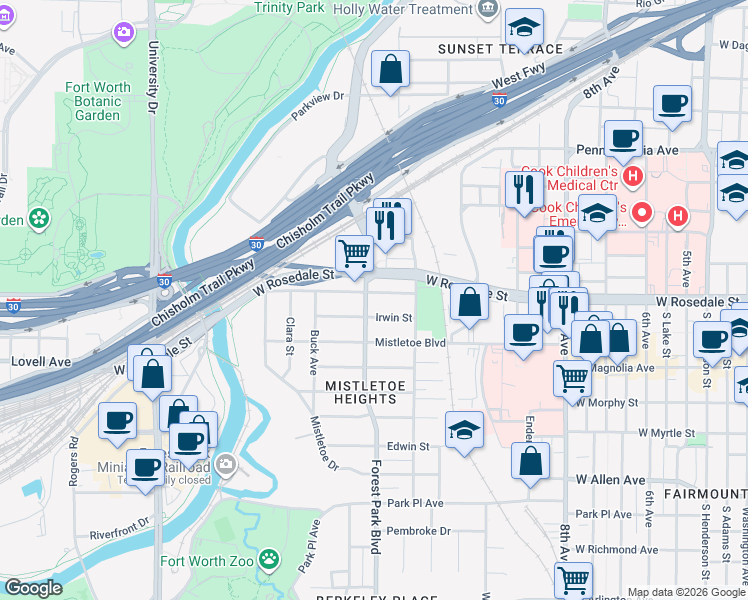 map of restaurants, bars, coffee shops, grocery stores, and more near 2229 West Rosedale Street in Fort Worth