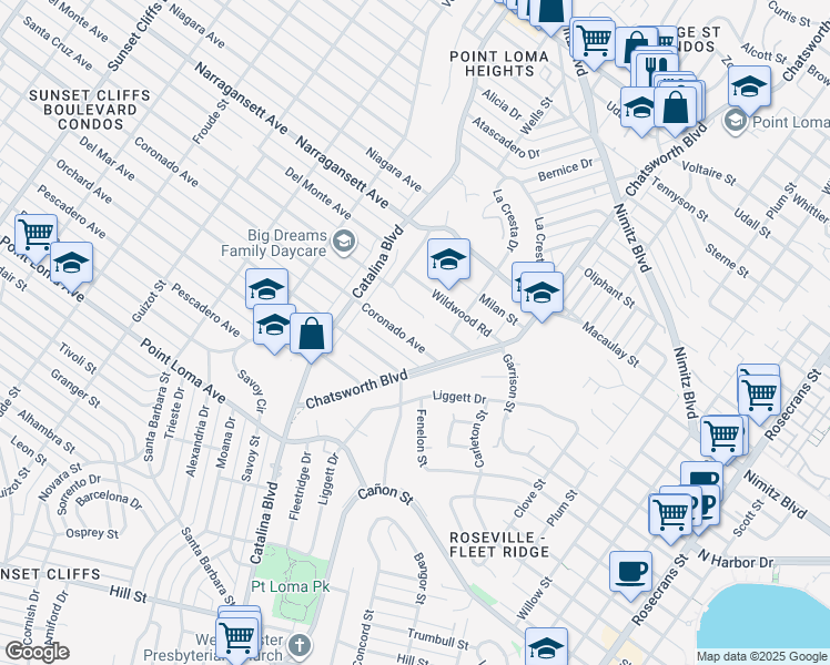 map of restaurants, bars, coffee shops, grocery stores, and more near 3872 Coronado Avenue in San Diego