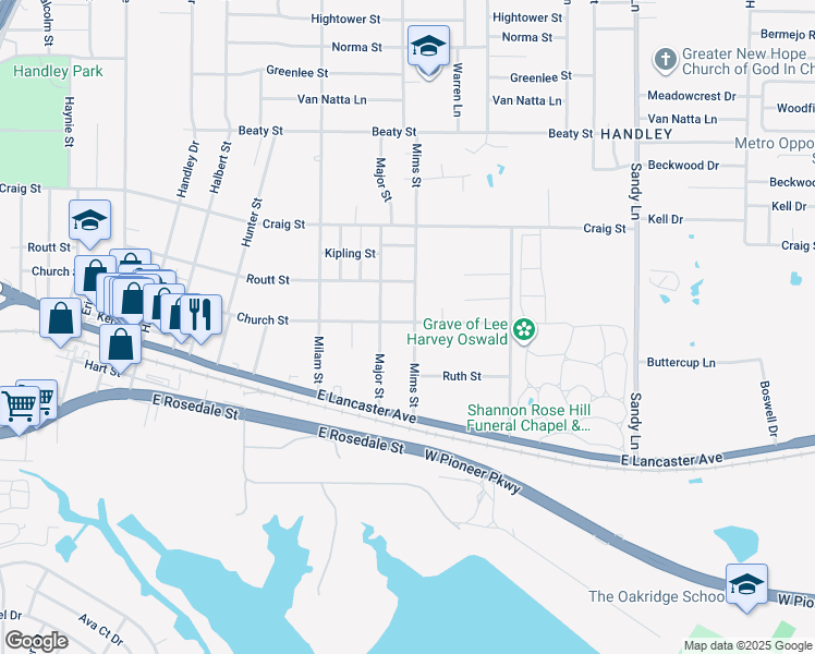 map of restaurants, bars, coffee shops, grocery stores, and more near 3100 Mims Street in Fort Worth