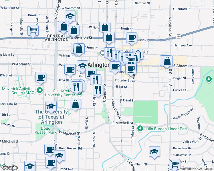 map of restaurants, bars, coffee shops, grocery stores, and more near 407 South Center Street in Arlington