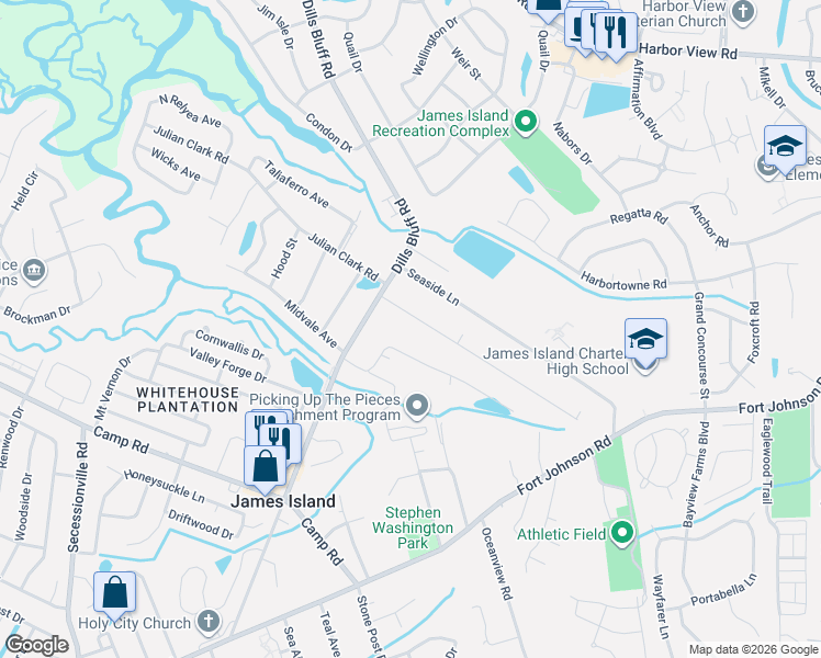 map of restaurants, bars, coffee shops, grocery stores, and more near 1158 Williams Road in Charleston