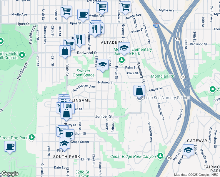 map of restaurants, bars, coffee shops, grocery stores, and more near 2611 33rd Street in San Diego
