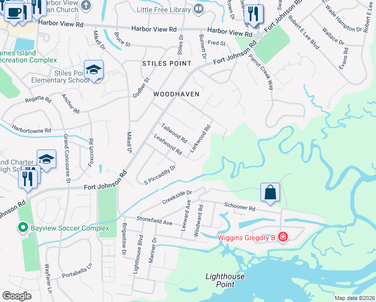 map of restaurants, bars, coffee shops, grocery stores, and more near 776 Larkwood Road in Charleston