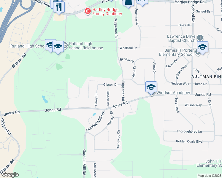 map of restaurants, bars, coffee shops, grocery stores, and more near 6412 Gibson Road in Macon