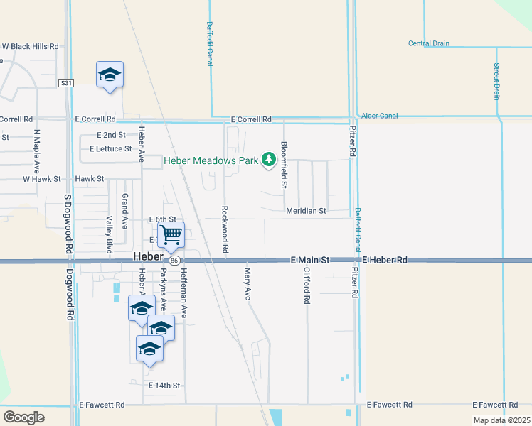 map of restaurants, bars, coffee shops, grocery stores, and more near 141 Meridian Street in Heber