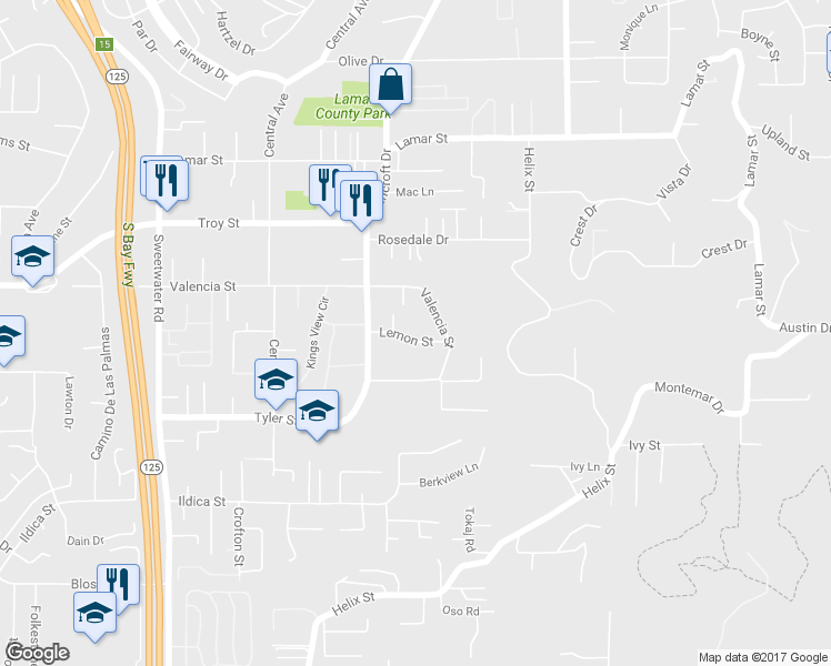 map of restaurants, bars, coffee shops, grocery stores, and more near 9058 Lemon Street in Spring Valley