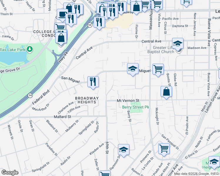 map of restaurants, bars, coffee shops, grocery stores, and more near 2510 69th Street in Lemon Grove