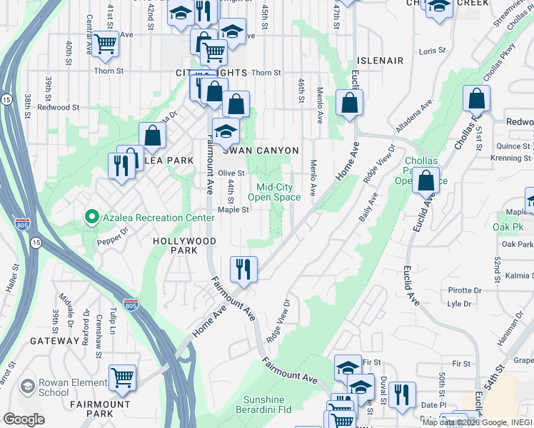map of restaurants, bars, coffee shops, grocery stores, and more near 2591 Roseview Place in San Diego