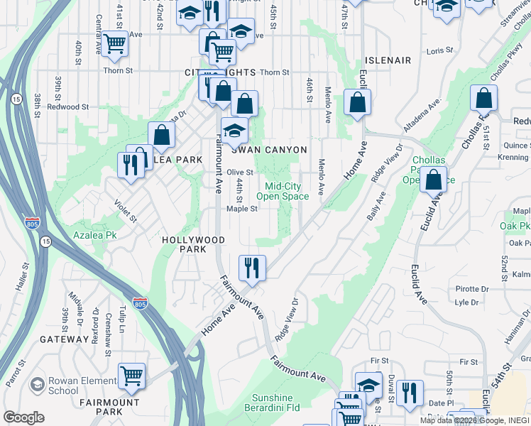 map of restaurants, bars, coffee shops, grocery stores, and more near 2591 Roseview Place in San Diego