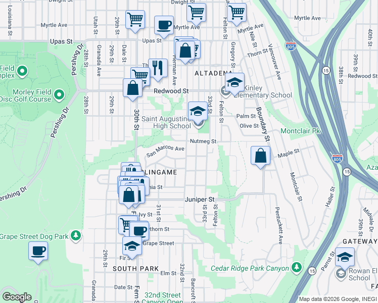 map of restaurants, bars, coffee shops, grocery stores, and more near 2604 Bancroft Street in San Diego