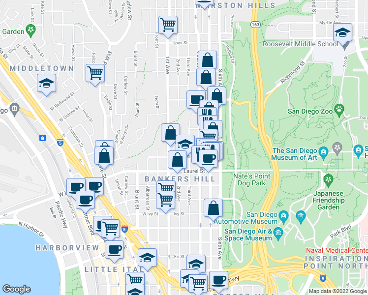 map of restaurants, bars, coffee shops, grocery stores, and more near 2707 Third Avenue in San Diego