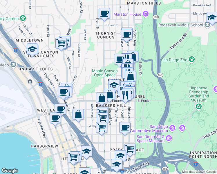 map of restaurants, bars, coffee shops, grocery stores, and more near 2642 2nd Avenue in San Diego