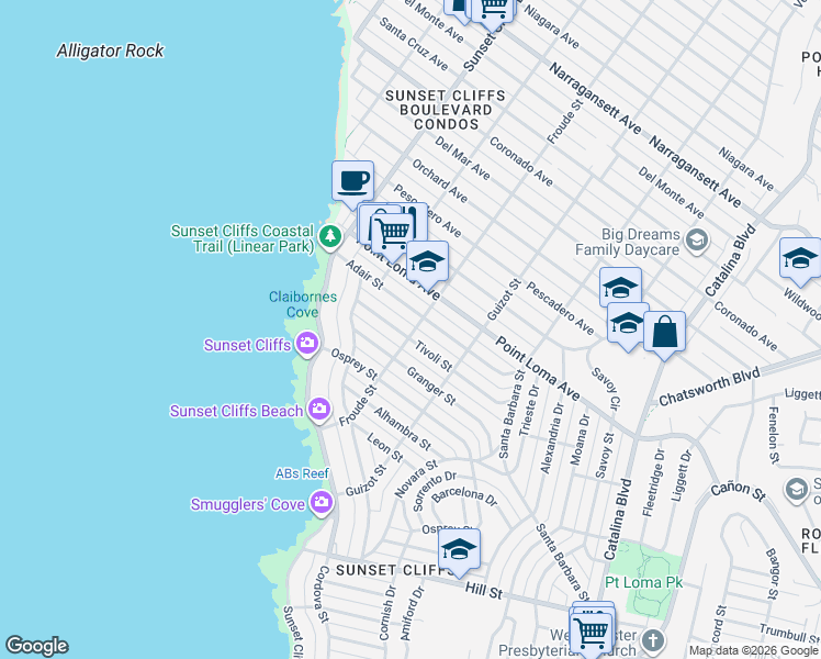 map of restaurants, bars, coffee shops, grocery stores, and more near 4581 Adair Street in San Diego